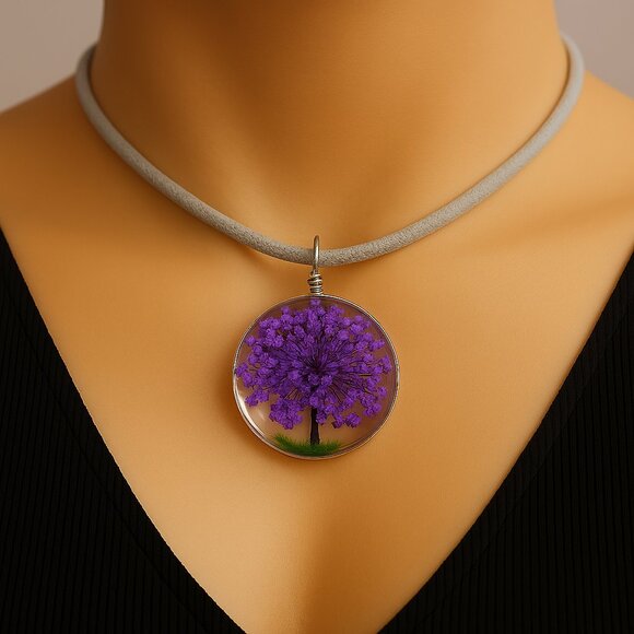 Circle Resin Purple Floral Tree Pendant Necklace 18" Gray Cord Fashion Jewelry - Picture 1 of 8